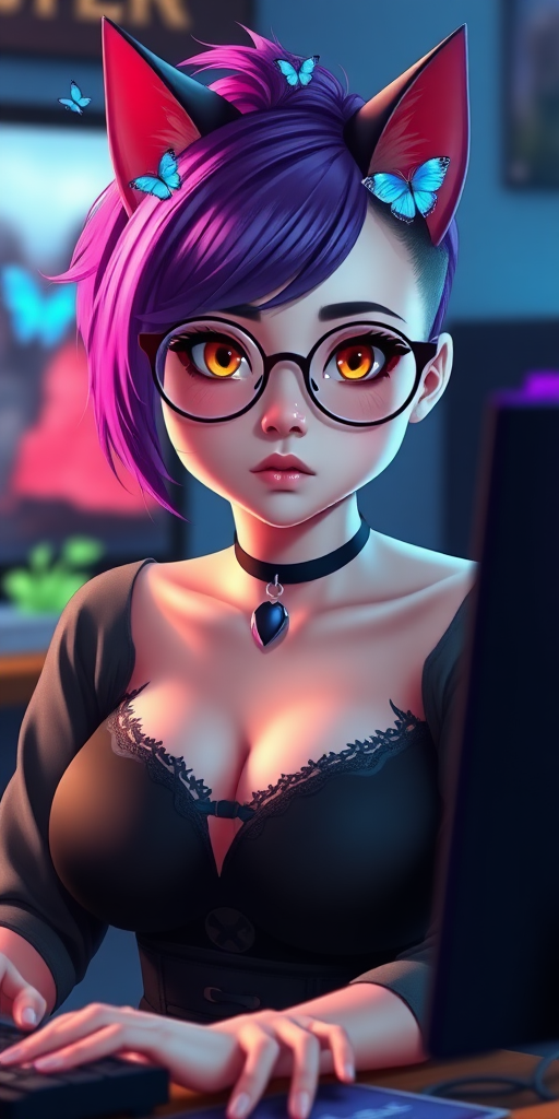 female lesbian cat-man with large breasts, 90E, without makeup, serious with little blue butterflies on her head, a round face, with a purple undercut hairstyle, hazel eyes, dimples on her cheeks, chubby cheeks, wearing semi-round glasses, in front of a gaming PC at a desk, in digital art