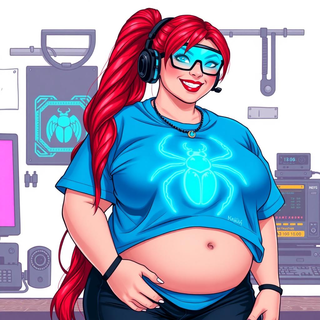 A cyberpunk vigilante’s full-figured intelligent and tech-savvy 29-year-old girlfriend, who is a computer hacker and tech genius. She has a long ruby red ponytail and bright blue eyes. She wears a sapphire beetle gemstone necklace, and an oversized maximum blue t-shirt featuring a giant neon blue glowing icon of a beetle on its chest. She has a full-figured physique with a prominent, gargantuan, round midsection, reflecting her well-cared-for lifestyle. The midsection is heavily emphasized. She sports a sapphire headset with hi-tech maximum turquoise lensed HUD visor, black eyeglasses, and a beaming smile with a passionate bright red blush. Despite her figure and a lack of self-esteem, she radiates an air of beauty. She has an angular face which contributes to her radiant beauty. She serves as his tech expert from his hideout, dutifully working at her workshop computer desk and tool bench. The background is solid white. She is drawn as if she was in a retro 2D cyberpunk fighting game. Make sure her shirt covers her round midsection.