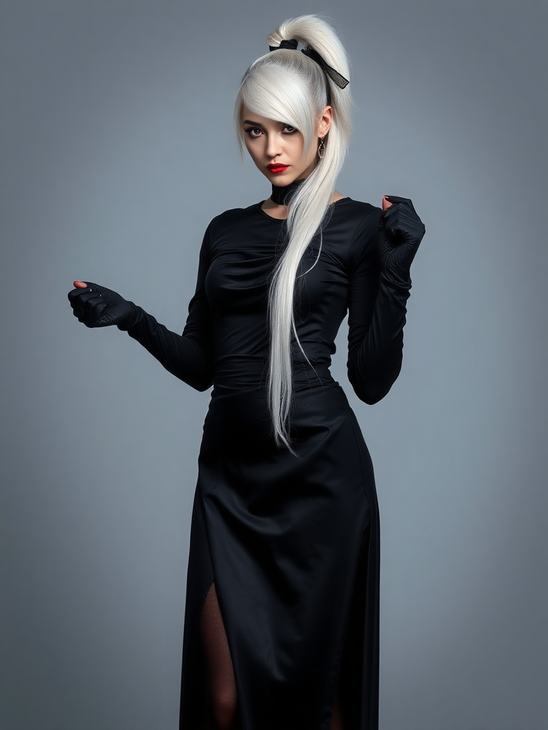 mature adult woman, skinny and tall, long legs, large shoulders, teardrop saggy small breast, long asymmetric undercut layered white hair, side swept bang, long white ponytail tied with a black lace, beautiful detailed face, piercing red eyes with intricate iris details, looking at the camera with a serious expression, wearing gothic style, black silk long sleeve top, black silk long skirt, black pantyhose, black gloves, black ankle boots, standing in a fierce pose with her head held high