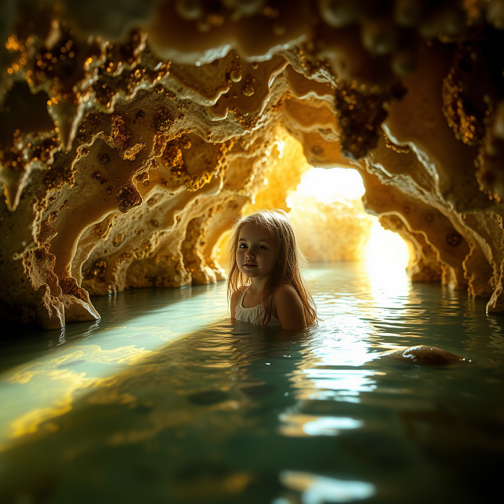 a young girl in a flooded cave, bjd, high quality photo, intricate environment, ultra-detailed, impressionistic, dynamic composition, artistic photograph, geode, alabaster, gold, fractal, intense colors, glittering, sunlight, illumination, transparency, mandelbulb