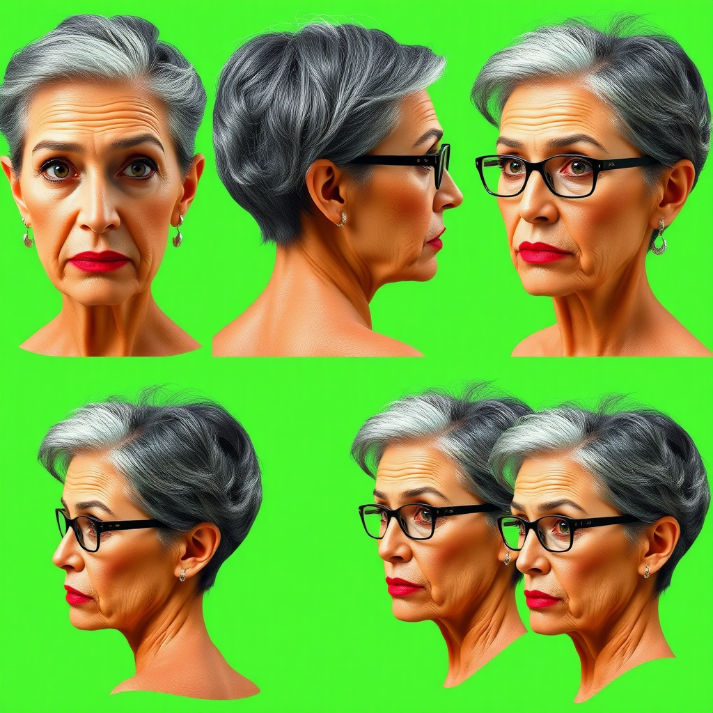 Photorealistic image of six headshots of a 50 Years old, fit, European, Latina, sharp aquiline nose, wrinkles, high cheekbones, Middle Eastern, Skinny, Tanned skin, Dark light skin, full Makeup, jewelry, Sharp nose, frowning, astonished, shocked, dark grey Ash hair, short bowl haircut, Brown eye color, Glasses, with detailed features. Each photo displays the same face in back, profile and front view, cut out and isolated on a green background. All six heads are visible side by side, empty space around each view, no overlapping.