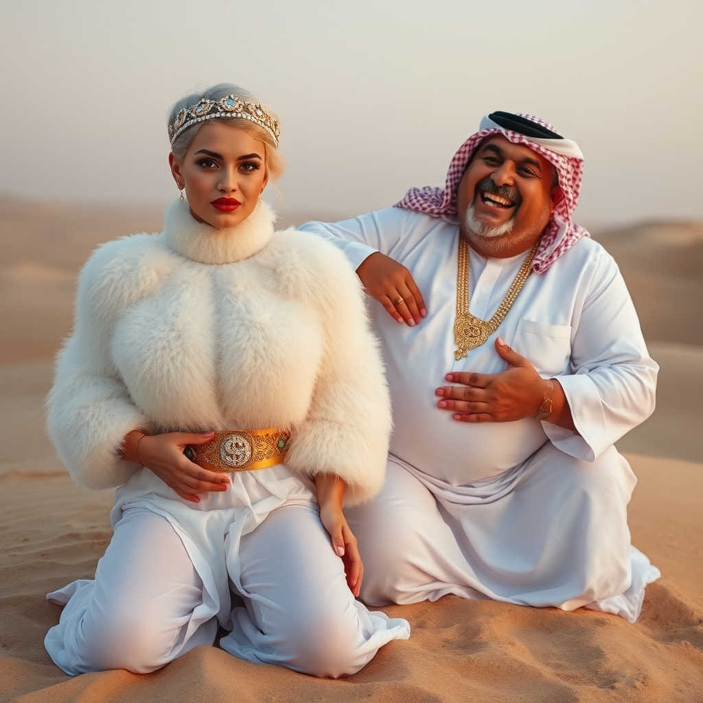 Kuwait desert dunes misty dawn: Melissa, European 17 years old very convincing femboy “trophy-bimbo”, tamed servile docile, very beautiful feminine flawless face, rather short boyish figure, platinum blond short tight curls, bold red lips, heavily made-up face, wearing Supertanya-style fluffy very fuzzy bright white angora turtleneck-poncho cropped ending under bust decorated with pearls and gemstones, striking oriental wide gold bridal protection belt, white fully transparent harem pants, full Oriental bridal jewelry with striking headpiece, full Oriental face-jewelry, striking diamond “$$$” letter brooch on left chest, pout frustrated, hands tied behind back, kneeling in sand, looking at camera. Focus on face and turtleneck-poncho. Sitting next embracing Melissa: older overweight mighty sheik laughing.