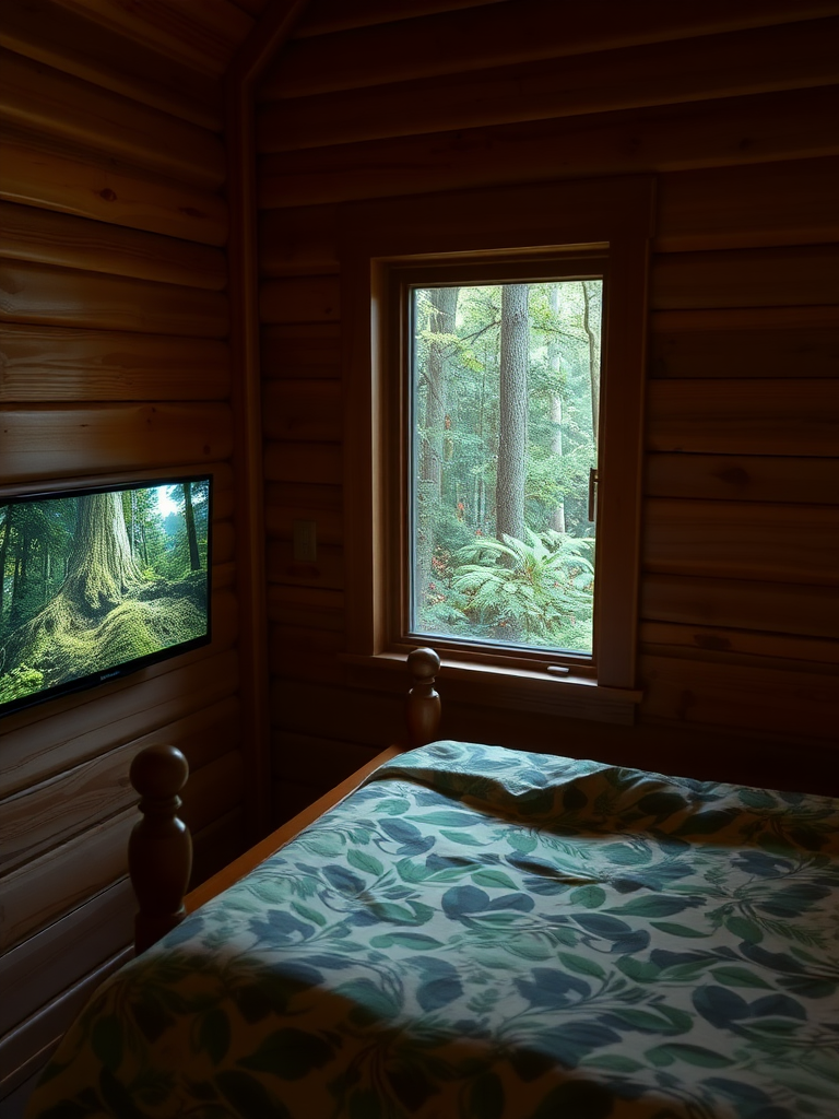 Next to a small window is a wooden bed, and outside the window is a lush forest. A documentary about nature is playing on the television, and the bedspread has a leaf pattern, creating an overall scene that exudes a sense of tranquility that blends with nature. Rich in detail, real, and realistic.