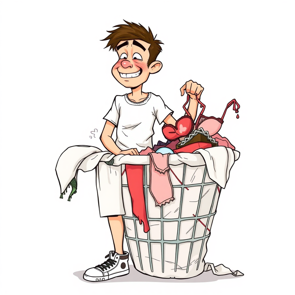 nervous short 20 year old european skinny man, short white t-shirt, standing, stunned, mesmerized, joyful, aroused, heavy drooling, heavy sweating, fumbling through a small dirty laundry basket piled up with sexy woman stained lingerie, detailed fabric, side view, sneakers, detailed feet, 2D, caricature, cartoon, Sketch lines, coloring book, coloring book, no body parts, no blood