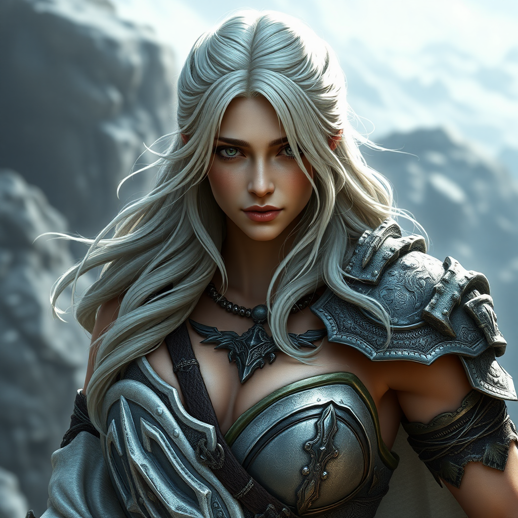 a female warrior with a magnificent chest of the Aasimar race, fantasy, 16K, photorealistic