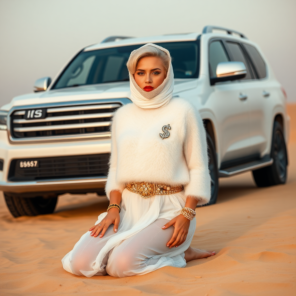 Kuwait desert dunes misty dawn, full size luxury SUV: Melissa, European 17 years old very convincing femboy “trophy-bimbo”, tamed servile docile, very beautiful feminine flawless face, rather short, by hormones very curvaceous womanly figured, platinum blond short tight curls, bold red lips, heavily made-up face, wearing Supertanya-style fluffy very fuzzy bright white angora turtleneck-poncho cropped ending under bust decorated with pearls and gemstones, striking oriental wide gold bridal protection belt, white fully transparent harem pants, full Oriental bridal jewelry, face covered by white transparent full Burka, coin anklets, striking diamond “$$$” letter brooch on left chest, pout frustrated, hands tied behind back, kneeling in sand in front of SUV, looking at camera. Focus on face and turtleneck-poncho.