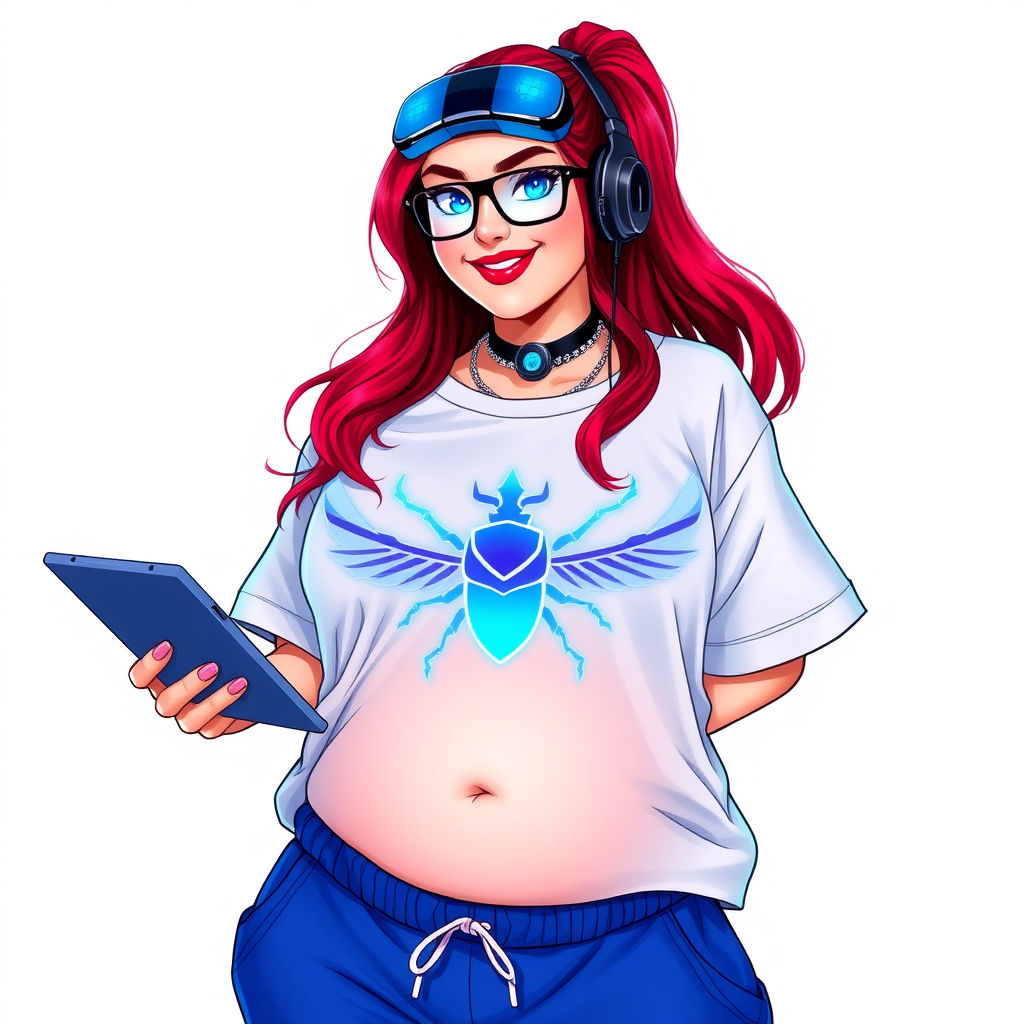 A cyberpunk vigilante’s full-figured intelligent and tech-savvy 29-year-old girlfriend, who is a computer hacker and tech genius. She has a long ruby red ponytail and bright blue eyes. She wears a sapphire beetle gemstone necklace, an oversized Maximum Blue (RGB 71, 171, 204) t-shirt featuring a giant neon blue glowing chest icon of a winged beetle, and matching Maximum Blue sweatpants. She has a full-figured physique with a prominent, enormous, round midsection, reflecting her well-cared-for lifestyle. She sports a sapphire headset with a hi-tech sapphire lensed HUD visor, Maximum Blue (RGB 71, 171, 204) lipstick, black eyeglasses, and a beaming smile with a passionate bright red blush. Despite her figure and a lack of self-esteem, she radiates an air of beauty. She has an angular face which contributes to her radiant beauty. She serves as his tech expert from his hideout, holding a holographic tablet and a hi-tech tool wrench. The background is solid white. She is drawn as if she was in a retro 2D cyberpunk fighting game. Make sure her outfit covers her midsection.