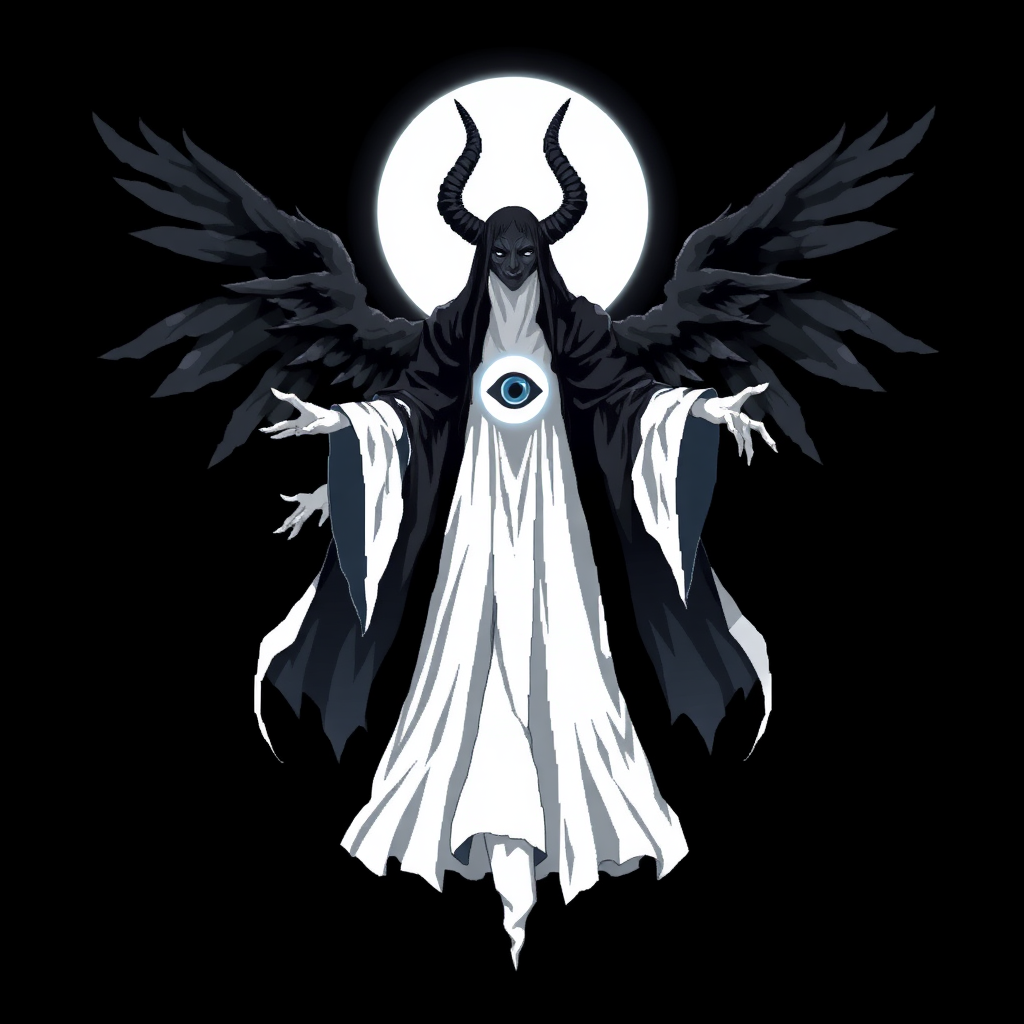 (Anime Pixel-styled art) Black background, a haunting figure known as Yaldabaoth, the Demiurge, hovers ominously in mid-air. His tall, ghost-like form exudes a spectral presence, draped in flowing white-and-black robes that billow with an ethereal energy. His entire face is veiled by a strange and eerie, pure white circular light, from which a single eye symbol glows faintly in its center, casting an unsettling aura. Four large, menacing horns crown his head, giving him an air of divine yet terrifying power. Behind him, four angelic wings, majestic and shadowy, spread wide—simultaneously invoking grace and fear. His outstretched hands seem to beckon with an unknown purpose, completing his full-body, otherworldly presence in the dark expanse.