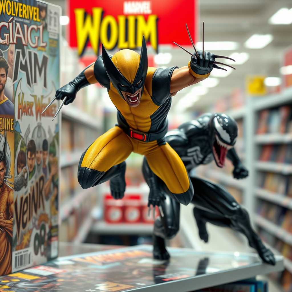 Jumping out of a Comic book cover on a store shelf is Wolverine and Venom with in Cinematic Real3D photo-realistic quality.