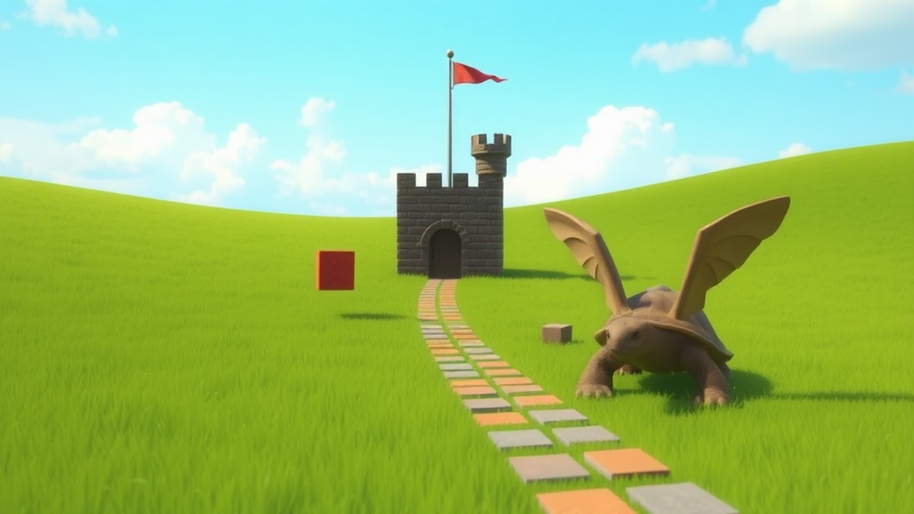 Exterior. Day. Green field. A pathway leads to a small brown-brick castle with a tall flagpole outside. A few floating blocks made of red bricks, and a large turtle with wings.