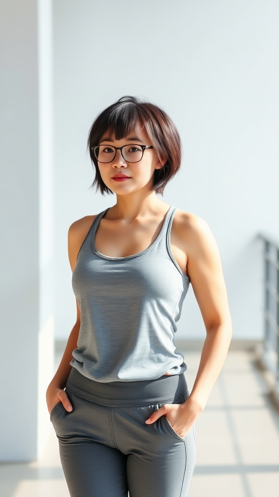 A beautiful Chinese woman, short hair, wearing glasses, with a full figure, small breasts, yoga pants, and a tank top.