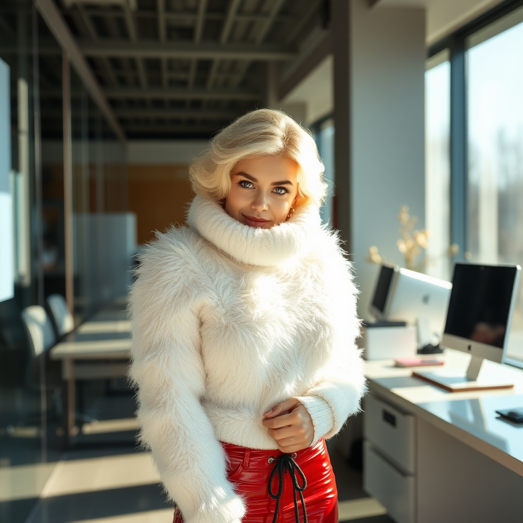 Sunny spring morning, modern glass-steel-concrete office, standing gracefully at Xerox: Nina, 17 years old very convincing femboy, tamed servile docile, very beautiful feminine flawless face, rather short, by hormones very curvaceous womanly figured, platinum blond short tight curls, no makeup, wearing Supertanya-style fluffy very fuzzy bright white angora restraining turtleneck-straitjacket, very tight bright red vinyl leggings, purple shiny vinyl pumps with golden high heels, white pearl belly piercing, gold earrings, hands tied under turtleneck-straitjacket, seductively looking at camera. Focus on face and turtleneck-straitjacket.