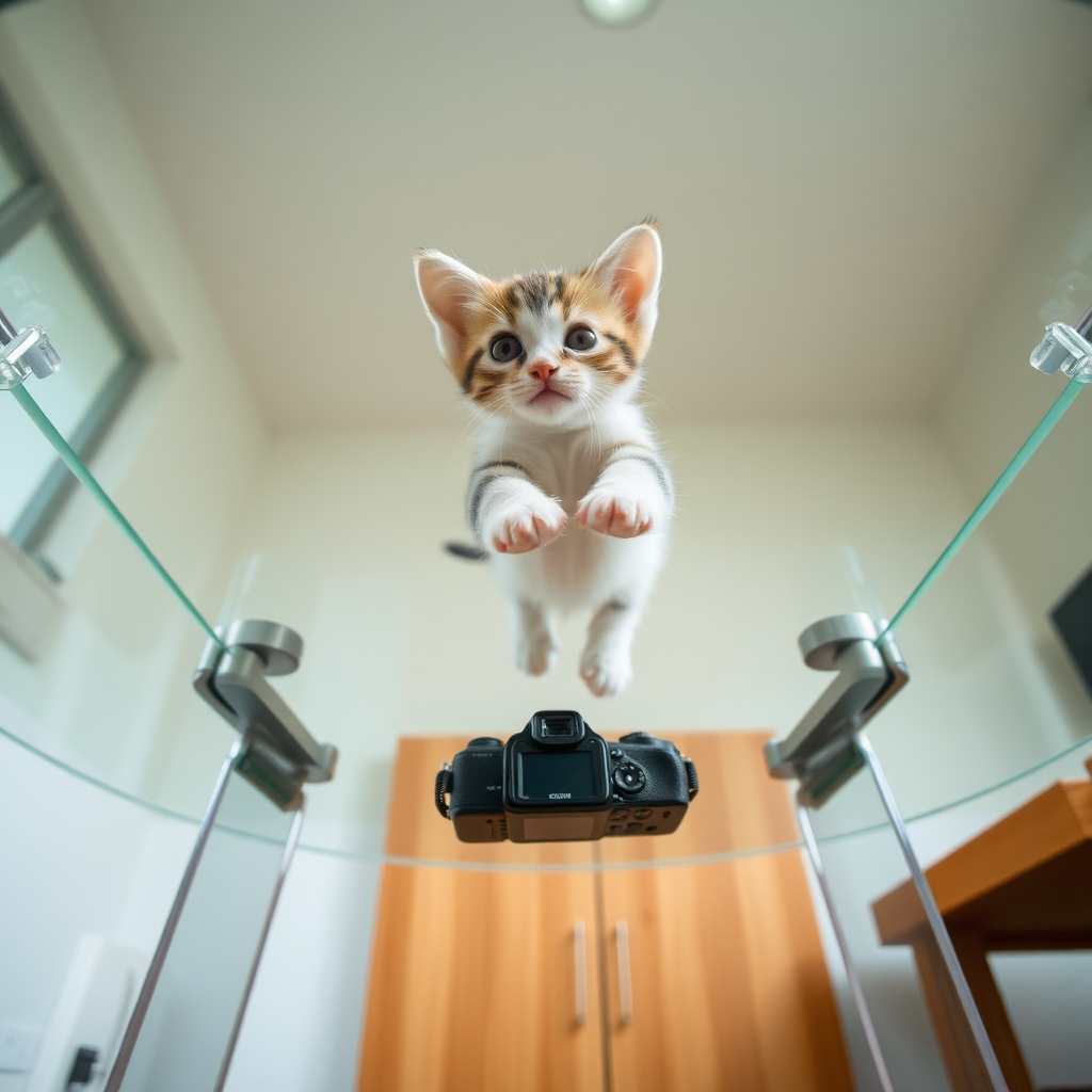 The camera is positioned directly beneath the transparent dining table, shooting vertically upwards. A cute little kitten walks on the table above, and the pads of its four paws are clearly visible.