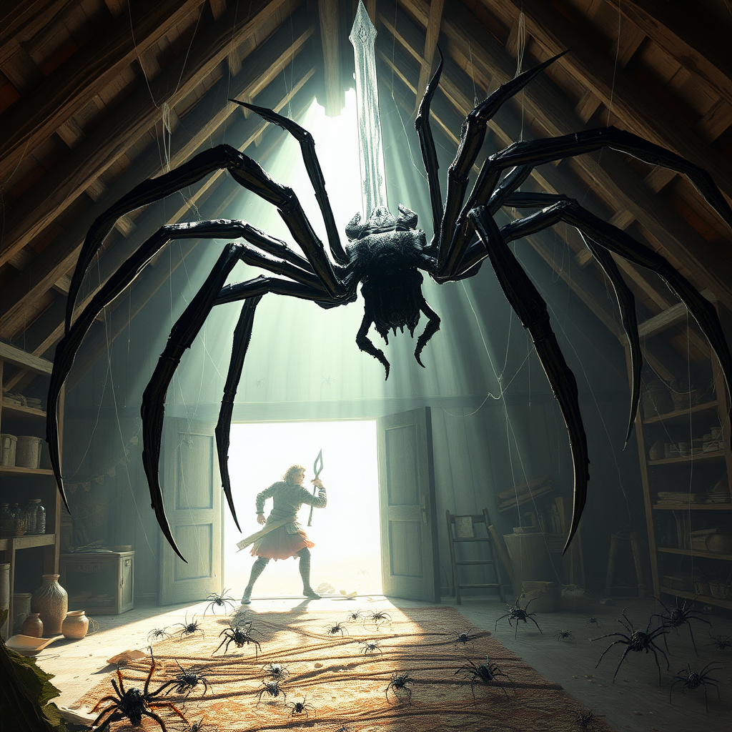 a sword spider as big as a human, the bright attic of a farmhouse, and several adventurers getting stabbed by sharp legs. One adventurer fleeing through a doorway only to be caught by webs. shelves knocked over with goods spilled. digital matte painting. smaller spider swarms everywhere.