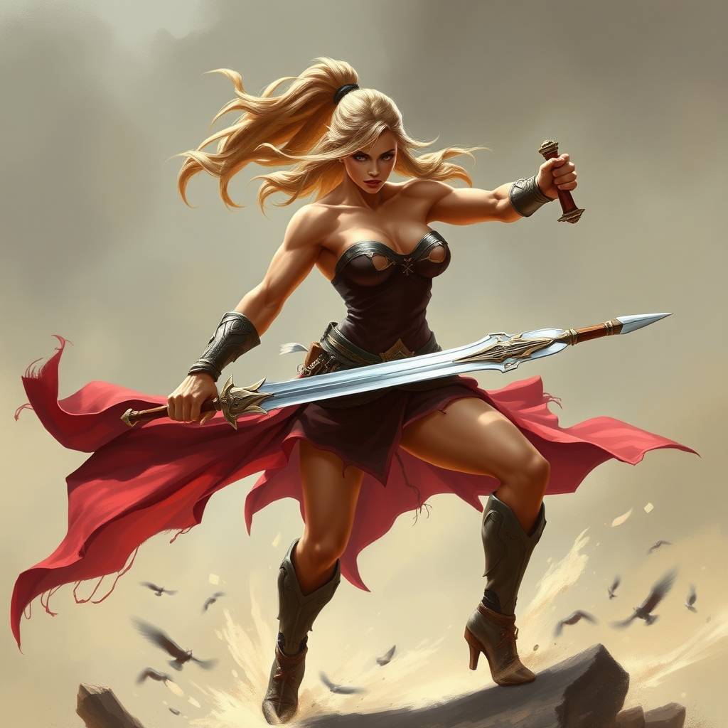 huge massive strong muscular bodybuilder girl, strapless dress, warrior princess fighting with a sword