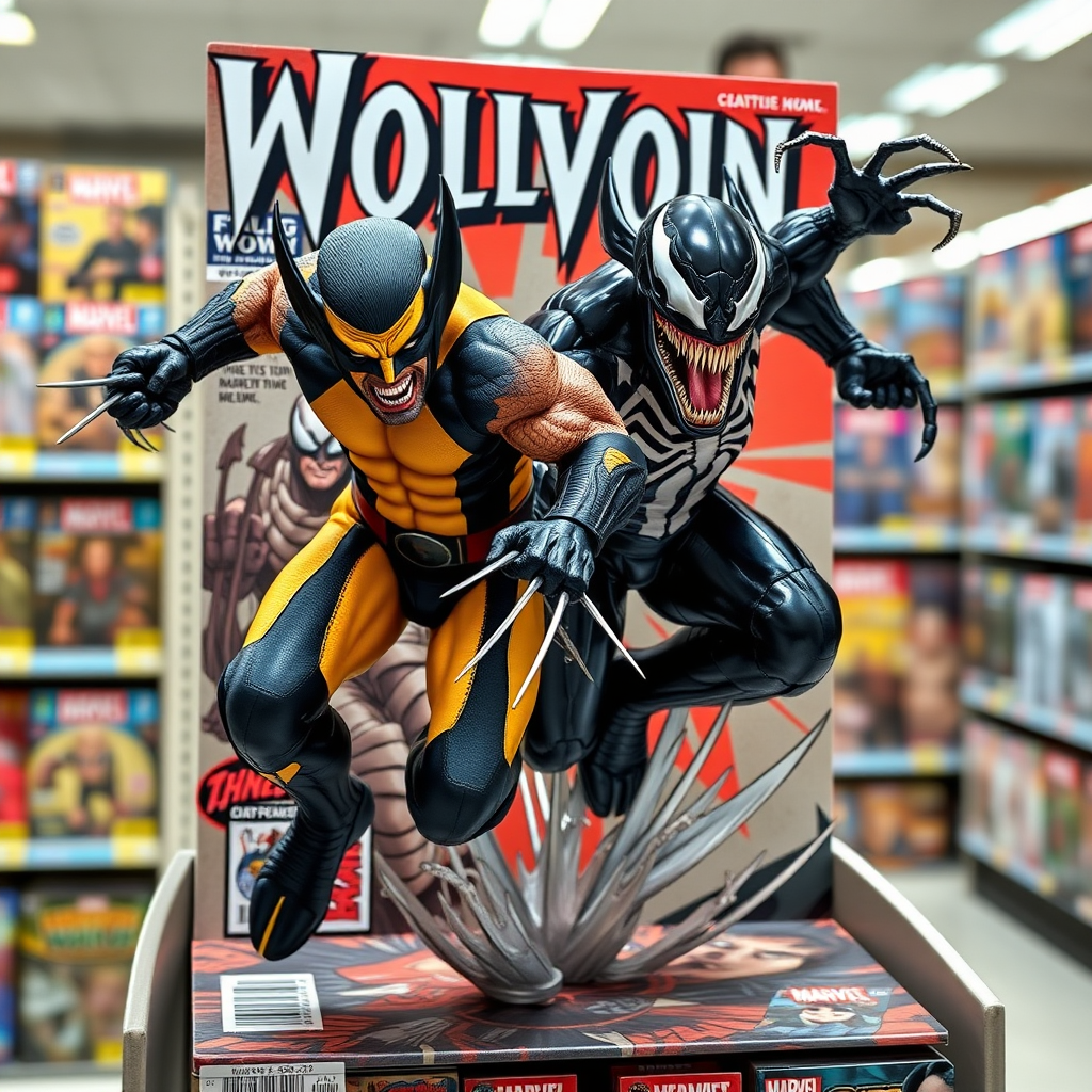 Jumping out of a Comic book cover on a store shelf is Wolverine and Venom with in Cinematic Real3D photo-realistic quality.