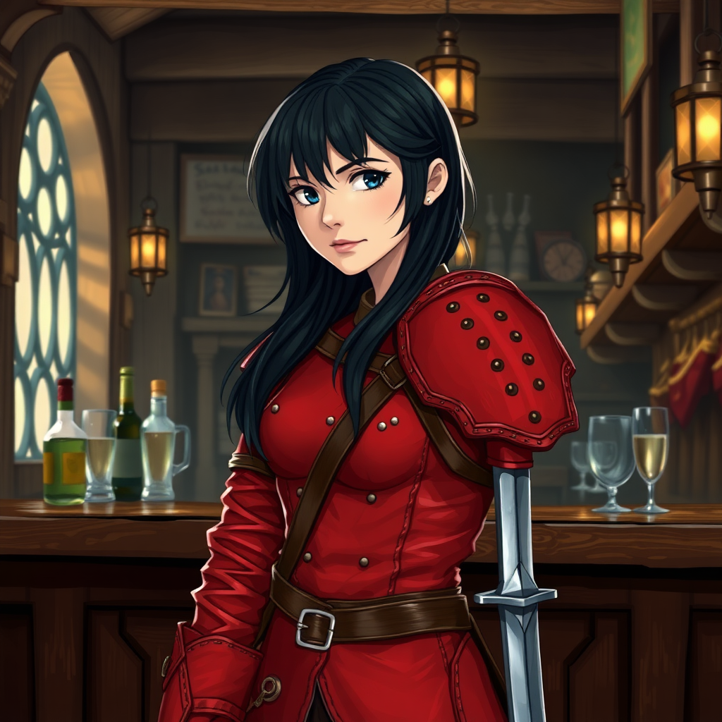 A girl with black hair in red leather armor and wearing a sword in a scabbard on her side standing at the bar in a medieval tavern