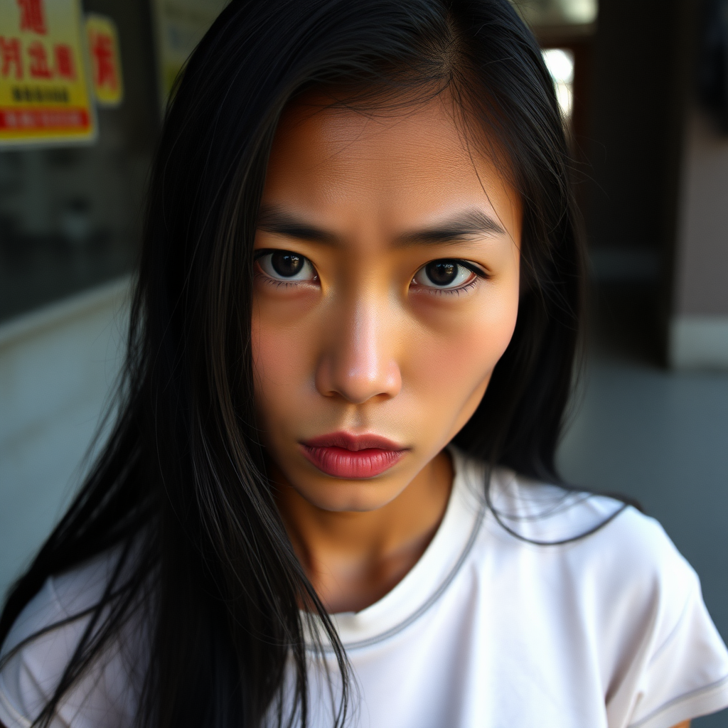 A very thin, mysterious but still pretty, sad and homeless, about 30 years old, healthy, young-at-heart Asian woman with a very dark skin color and with a T-shirt and long, jet-black hair and very typical and black Asian eyes, is very ashamed to look me in the eye and almost cries.