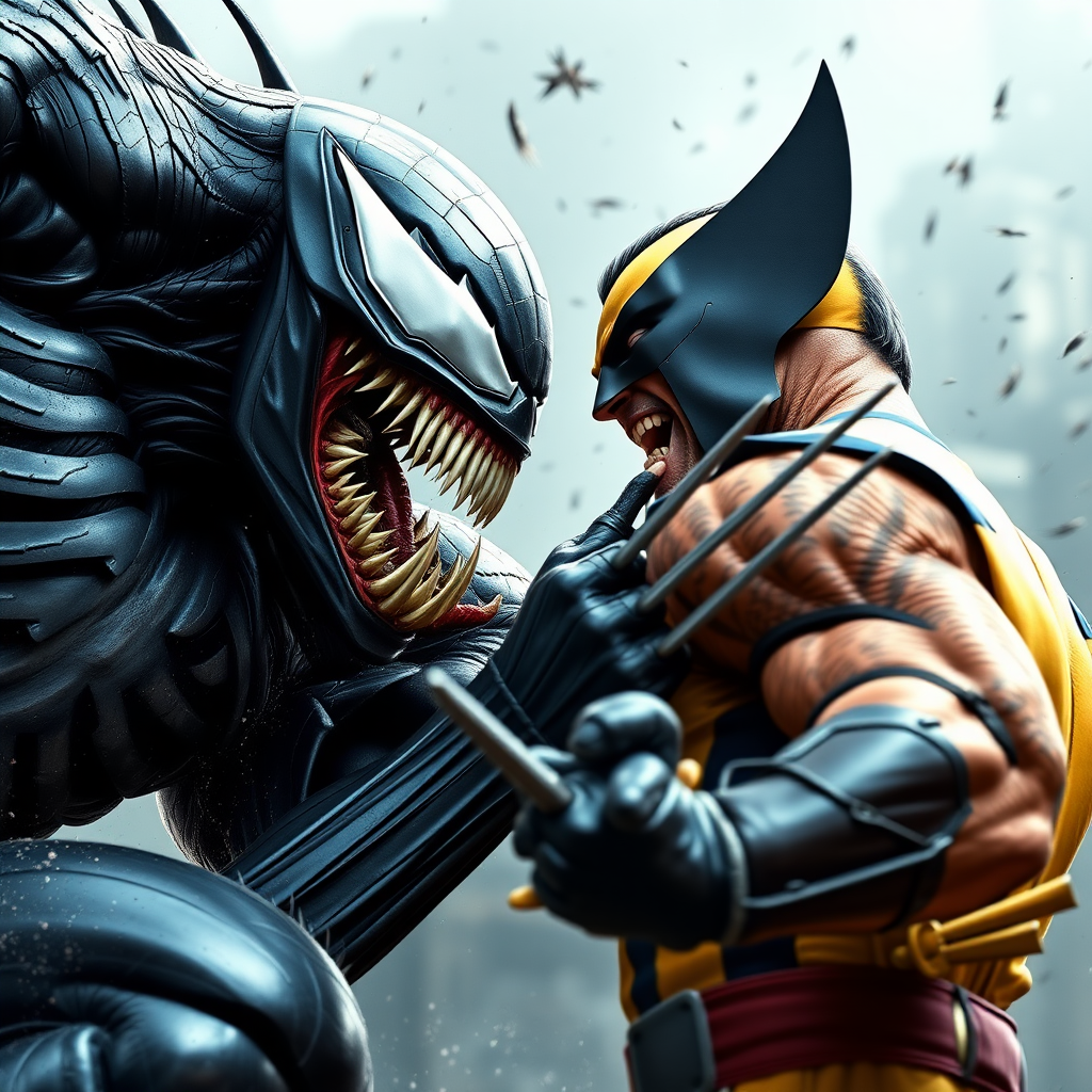 On a comic book cover is Venom Vs Wolverine in Cinematic Real3d photo-realistic quality.