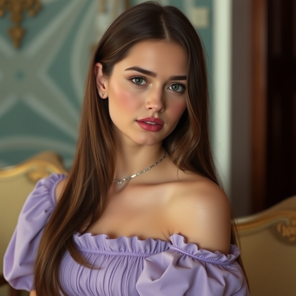 film still of the alluring, 19 year old ana de armas with long straight brown hair, red blush, pink lipstick.Wearing a off shoulder lavender puff sleeve dress.