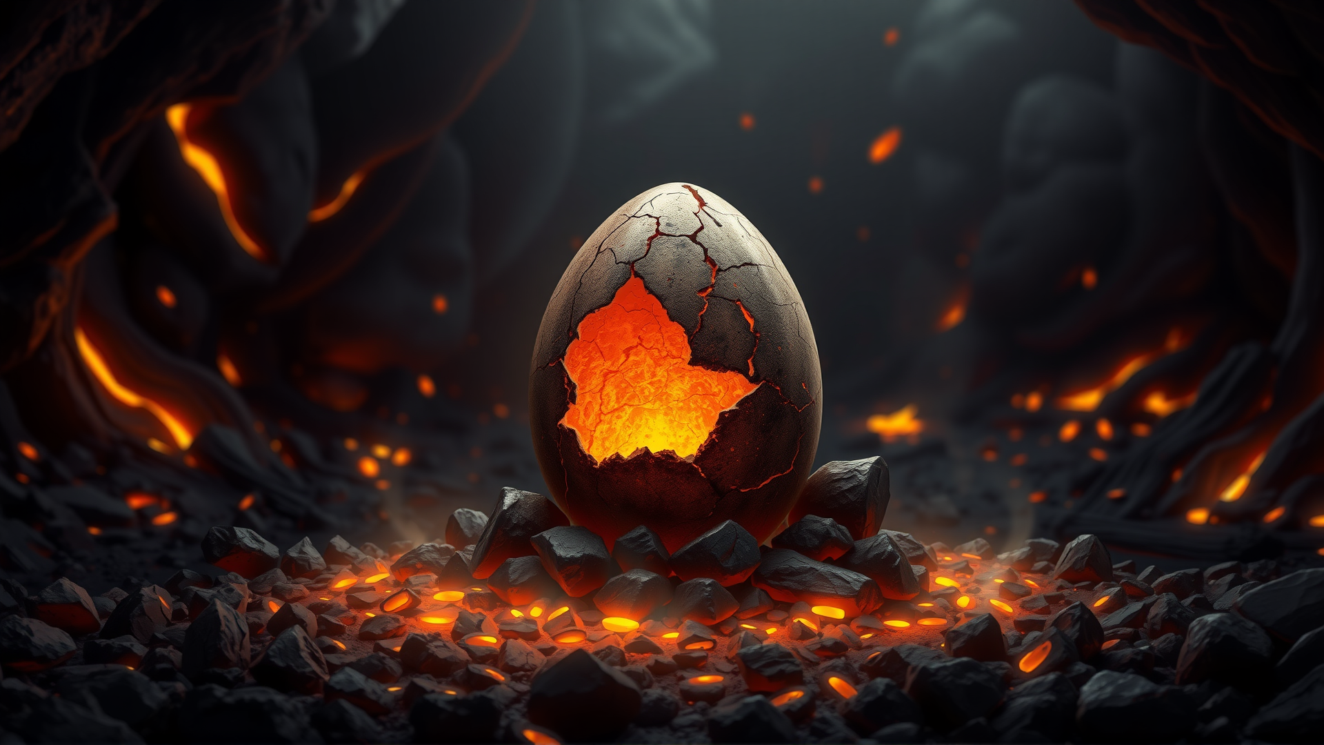 photo, perfection style, a digital art illustration depicting a charred egg sitting on a pile of cinders in a cave full of lava and lit by the fires. The egg is covered with cracks glowing from the inside.