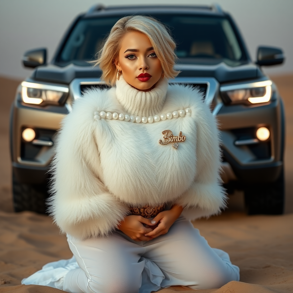 Kuwait desert dunes misty dawn, full size luxury SUV: Melissa, European 17 years old very convincing femboy “trophy-bimbo”, tamed servile docile, very beautiful feminine flawless face, rather short, by hormones very curvaceous womanly figured, platinum blond short tight curls, bold red lips, heavily made-up face, wearing Supertanya-style fluffy very fuzzy bright white angora turtleneck-poncho cropped ending under bust decorated with pearls and gemstones, striking oriental wide gold bridal protection belt, white fully transparent harem pants, full Oriental bridal jewelry including headpiece, nose-ring, coin anklets, striking diamond “Bimbo” letter brooch on left chest, pout frustrated, hands tied behind back, kneeling in sand in front of SUV, looking at camera. Focus on face and turtleneck-poncho.