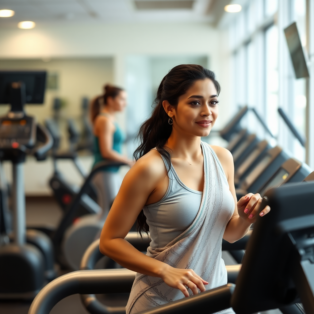 Indian wife, working out on Treadmill in gym