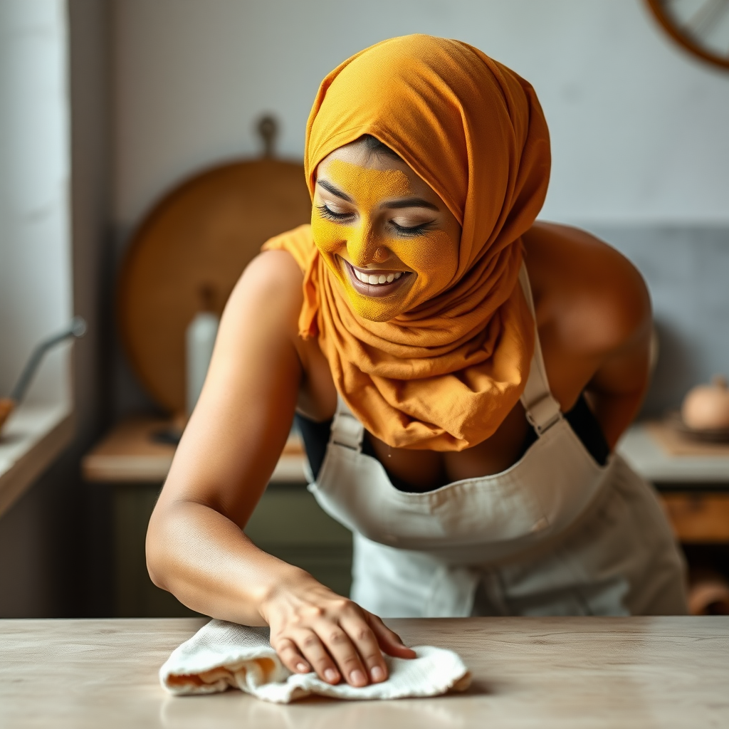 slim, 30 year old, sexy, french maid, short scarf head, turmeric face pack. She is smiling and cleaning a table with a cloth