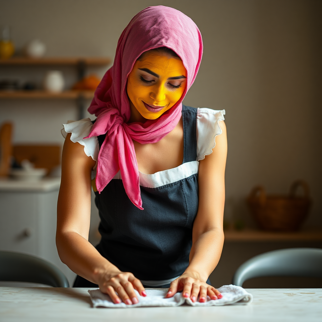 slim, 30 year old, sexy, french maid, pink scarf head, turmeric face pack. She is cleaning a table with a cloth