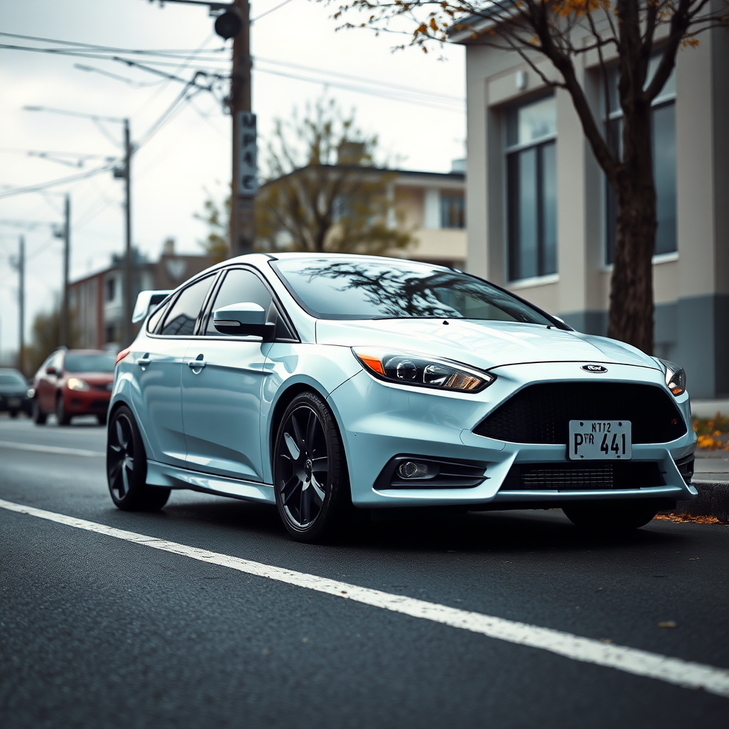 #AIart #flux1 #aiart #aiphotography #photorealism #flux1pro ford focus rs 2009 car is parked on the side of the road, inspired by Taiyō Matsumoto, tumblr, restomod, nd4, c4