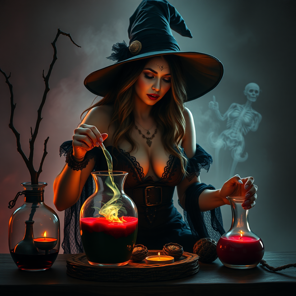 A sexy witch brewing a love potion