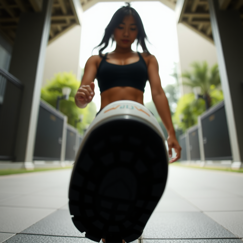 photo full body shot low angle view Hina Kikuchi wearing sports bra. She is walking. The image is shot from below. The sole of her foot is visible