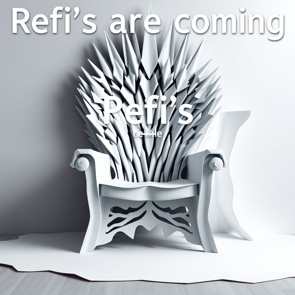 A flyer image of the game of thrones chair made out of white paper. The text in the background says “Refi’s are coming.”

(The refi is for refinancing a home.) Photorealistic and Cinematic camera photography. Masterpiece.