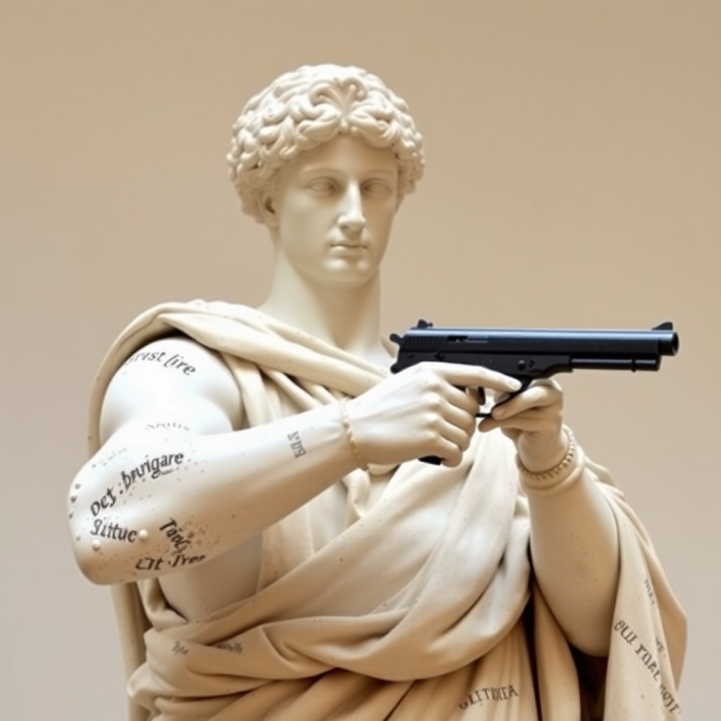 Art. Roman statue with a pistol posing.