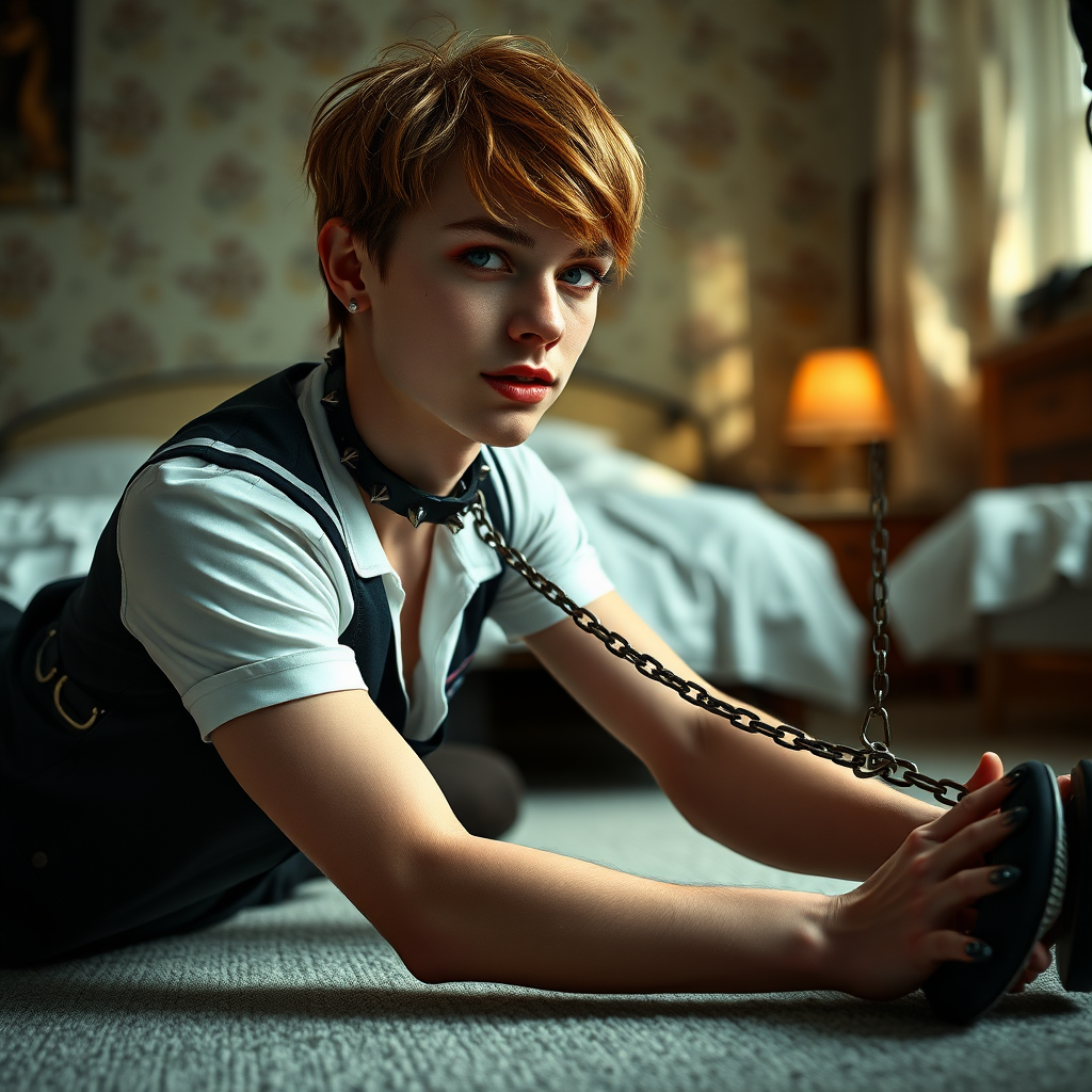 photorealistic, ultra high resolution, 16K, surreal fantasy, soft studio lighting, Tyler Swift is a pretty 18 year old goth male, slim male physique, auburn hair, goth makeup, earrings, shiny black pantyhose, UK girls-school uniform, Mary-Jane shoes, spikey neck collar chain and leash, on all fours in the bedroom, his boyfriend is holding the end of the leash, in daylight, excited smile, facing the camera.