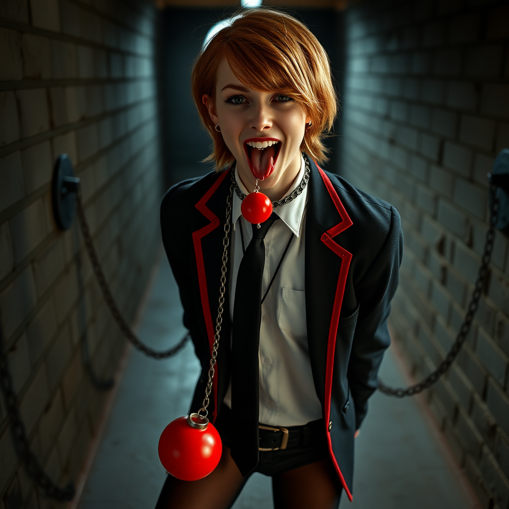 photorealistic, ultra high resolution, 16K, surreal fantasy, soft studio lighting, Tyler Swift is a pretty 18 year old goth male, slim male physique, auburn hair, goth makeup, earrings, shiny black pantyhose, school uniform shirt tie and blazer, Mary-Jane shoes, spikey neck collar chain and leash, red ball-gag, in a dungeon, the end of the leash is chained to the wall, in daylight, excited open mouth smile, drooling a stream of saliva, facing the camera.