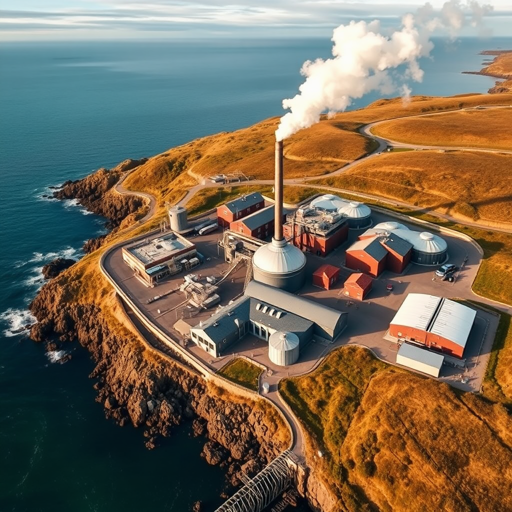 Modern whisky distillery with warehouses on a coast from a bird's-eye view.