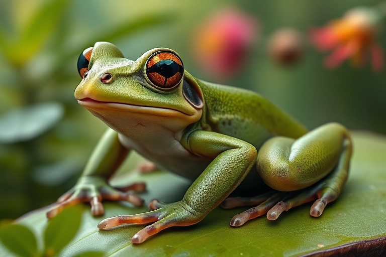 Create a full-length photorealistic image of a frog modeled after the framework and silhouette of a horsefly, ensuring the frog's head remains intact complete with distinct facial features. Retain the frog's smooth skin texture alongside soft, fur-like details representing the horsefly's characteristics. For the background, blend elements from both the frog's natural habitat and the horsefly's environment, incorporating lush greenery and vibrant colors to evoke the essence of each creature. The scene should harmonize these diverse attributes, showcasing a unique fusion of the two animals.