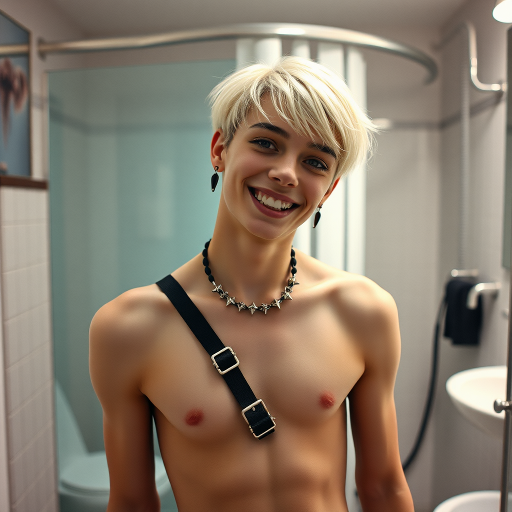 photorealistic, ultra high resolution, 16K, surreal fantasy, studio lighting, a pretty 16 year old goth boy, slim male physique, short blonde hair, goth makeup, earrings, pantyhose, harness, spikey dog collar and leash, trainer-bra, white ballet shoes, in the bathroom, excited smile, facing the camera.