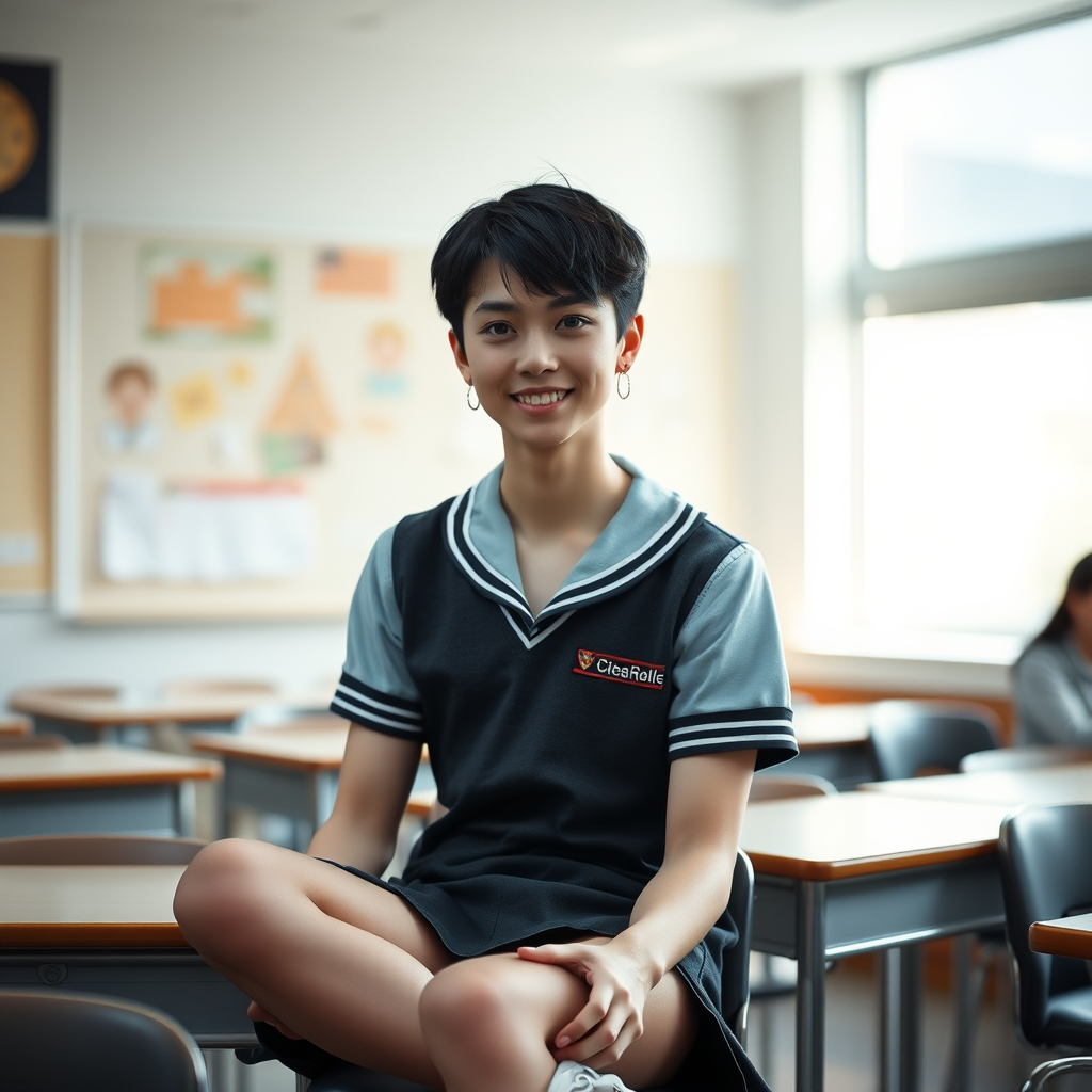 photorealistic, ultra high resolution, 16K, surreal fantasy, soft studio lighting, a pretty 17 year old goth male, slim male physique, short dark hair, blue eyes, goth makeup, earrings, sheer pantyhose, UK girls-school uniform, Mary-Jane shoes, sitting in the classroom, excited smile, facing the camera.