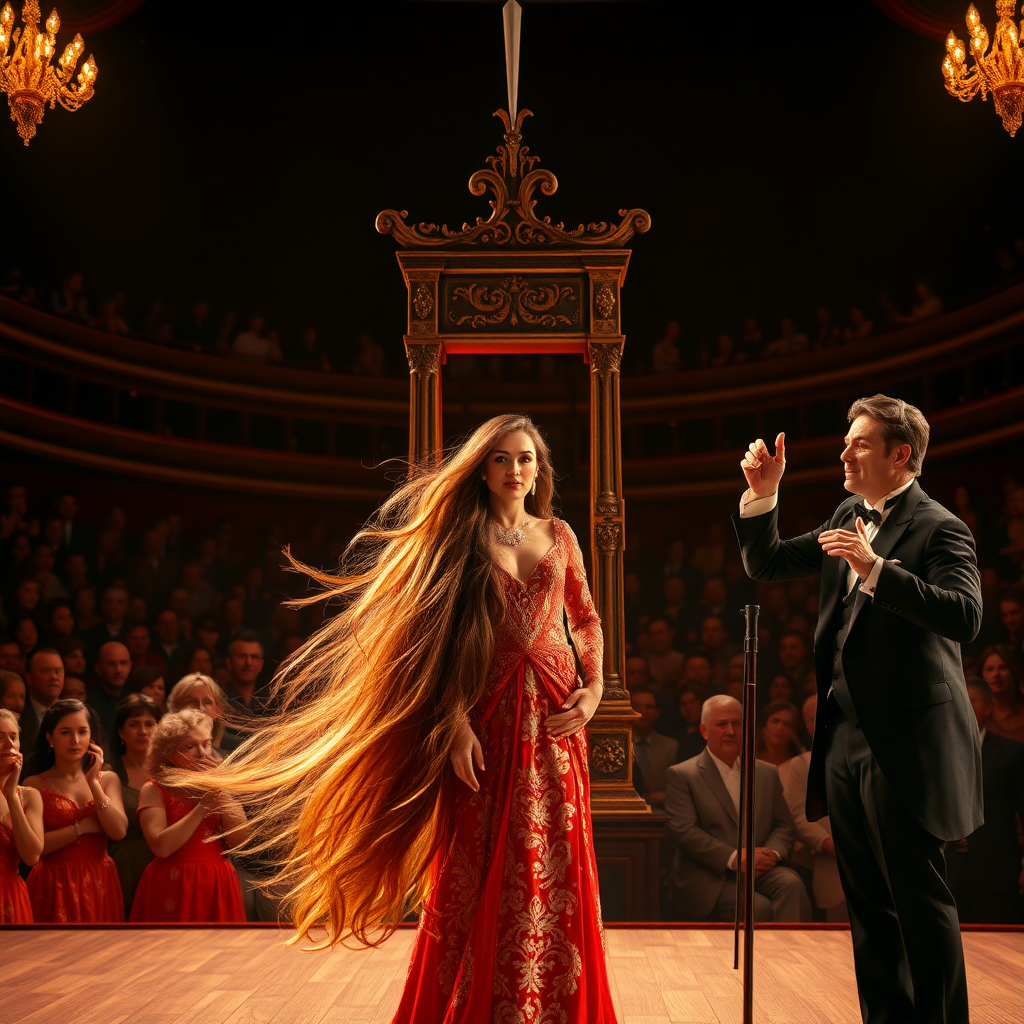 In a grand, dimly lit theater filled with gasps of anticipation, a stunning female magic assistant stands poised at center stage. Her extraordinarily long, shimmering hair cascades down her back like liquid silk, glinting under the spotlight with shades of caramel and chestnut. She wears an intricately embroidered costume, rich in vibrant reds and golds, adorned with jewels that catch the light with every subtle movement.

The atmosphere is thick with suspense as a skilled magician, dressed in a classic black tuxedo, prepares for his daring act. The audience, a mixture of wide-eyed children and skeptical adults, holds its breath, captivated by the thrill of the performance. The magician, with a flourish and a confident smile, gestures dramatically toward a towering, ornate guillotine that stands ominously on stage.

With heartbeats echoing in the silence, the magician performs a series of theatrical flourishes, the sound of his cane tapping the wooden floor punctuating the air with each dramatic pause. The magic assistant glances briefly at the crowd, a flicker of nerves dancing in her bright blue eyes, yet her expression remains poised and captivating, embodying the essence of trust and determination.

As the moment reaches its peak, the magician raises the blade above his head, illuminated by the warm glow of the stage lights. The tension is palpable, electric with excitement and danger. Time seems to slow as the blade descends with a swift, glimmering motion. In that climactic instant, the assistant’s long hair billows around her, a striking halo framing her face, and the audience gasps collectively, torn between disbelief and wonder.

With a final, breathless moment, the illusion unfolds, leaving both gasping awe and chilling intrigue hanging in the air, as the stage transforms into a spectacle of magic and mortality.