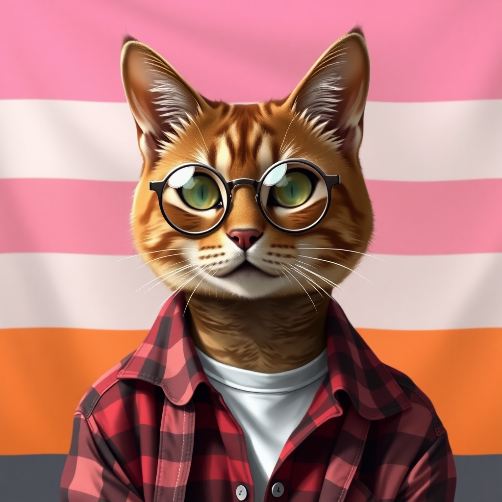 female cat-man color brown with, behind, a flag with horizontal colors pink/light pink/white/light orange/orange, colors in that order, wearing semi-round glasses, an open red and black checkered shirt with a white t-shirt, in digital art