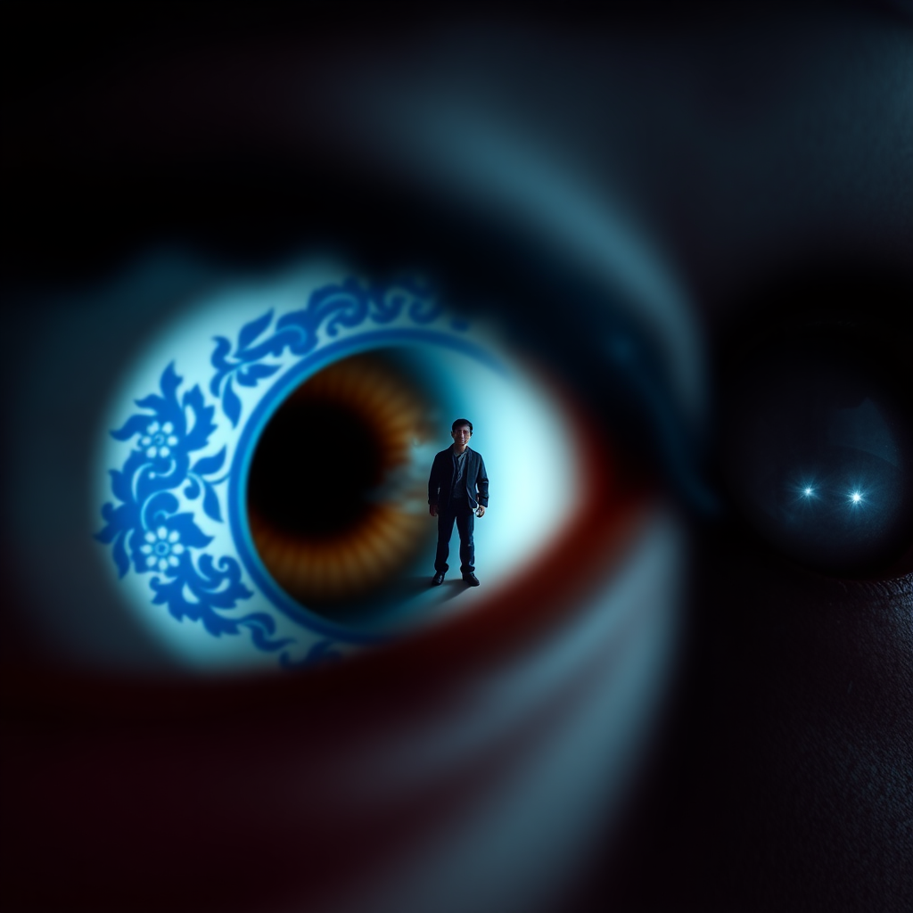 A close-up of eyes with lenses, The eye lens with traditional blue and white design Chinese blue white Design with a miniature man, trying to jump inside the lens looking like well. The composition emphasizes the eyes and its design, dark backdrop, with focused lights, looking up,