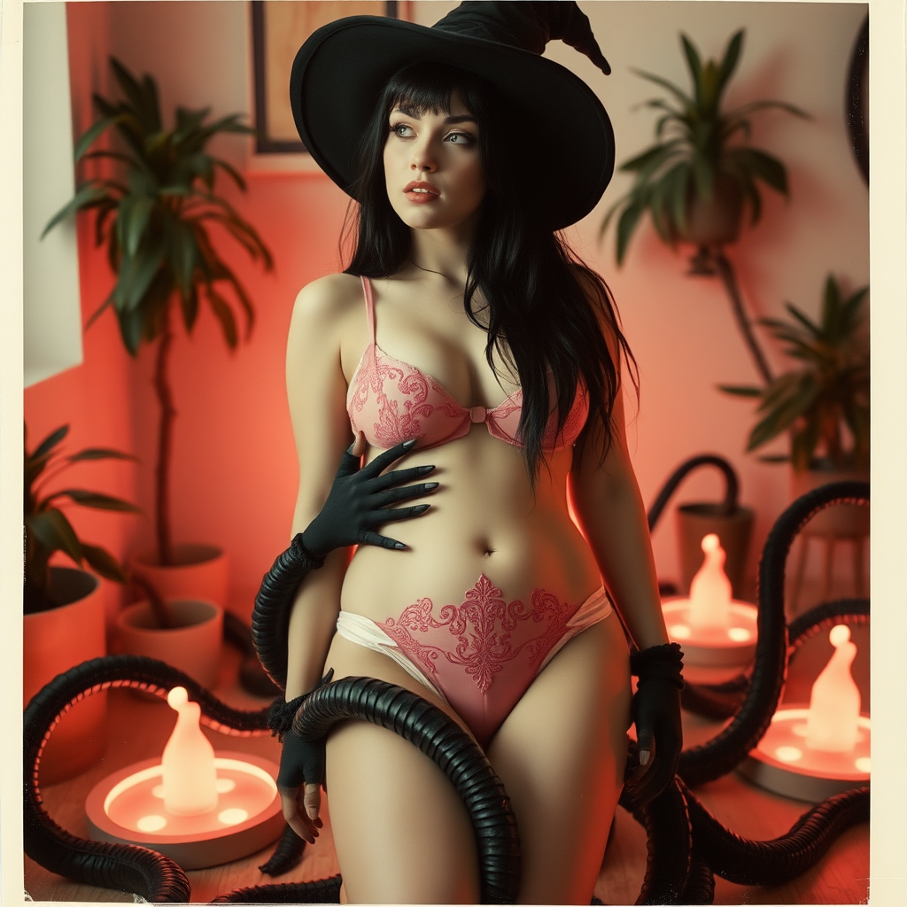 An old polaroid photo with a color tint to the photograph and visible light leaks. The photo depicts a sexy alt goth girl with pale skin and black hair. She has a plump booty. She has large breasts with ample cleavage and she is wearing a skimpy thong. The fabric of her thong is skimpy and pink and white and barely covers her and her bra is translucent and pink and white. She is in a photography studio with artistic lighting and plants are all around her. She is wearing a witch hat. She is restrained and surrounded by black tentacles coming out of magic glowing portals on the floor, grabbing her arms and legs.