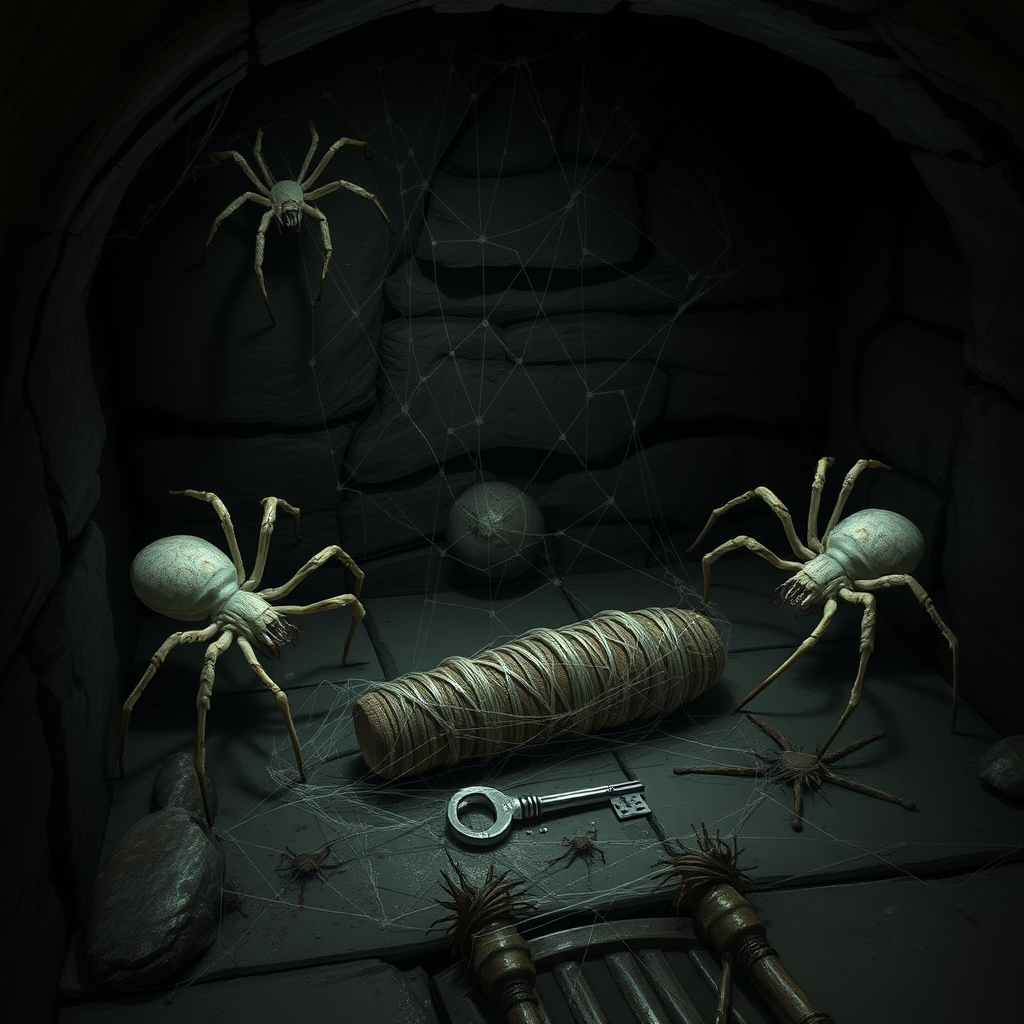 A dark basement medieval cellar with two large white spiders with red highlights crawling around and a long cocooned body webbed in the center of the floor with a silver key sitting beside the cocoon. There are spider webs on the walls.