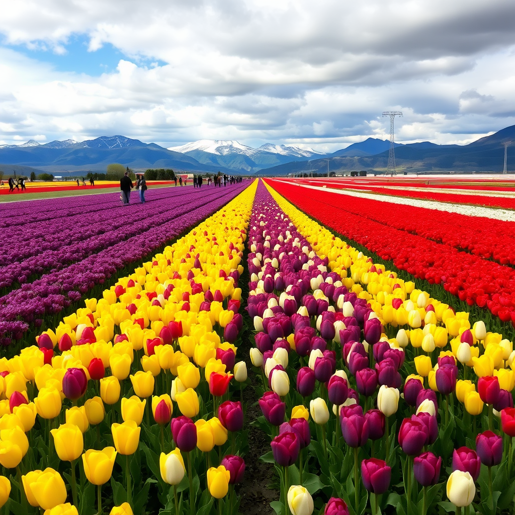 large and long stretches of colored tulips in solid shades of purple, yellow, red, and white, with mountains in the background and a sky with clouds and the presence of many people.