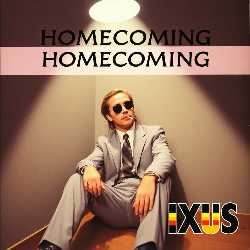 album cover, 90s slacker rock, high schooler sitting in the corner under a spotlight smoking a cigarette, he's wearing round sunglasses indoors, grey 2 piece suit, long light brown hair in a ponytail, mustache/goatee combo, lonely at the homecoming dance, the title "HOMECOMING" written on a banner across the top, the artist name "IXUS" written on the bottom right in black and rainbow letters