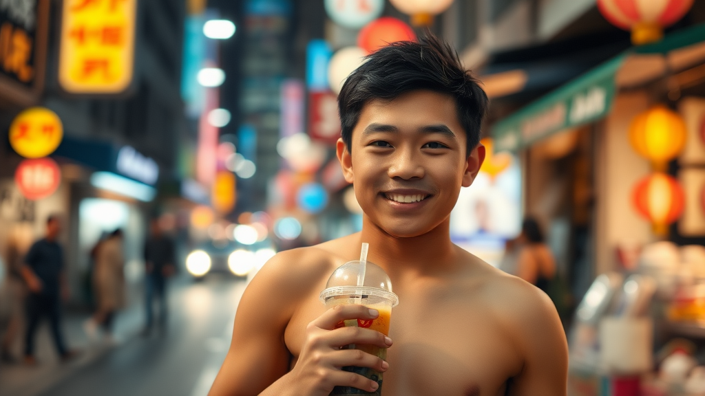 A background city street, brightly lit, blurry; a Taiwanese boy is strolling through a night market, facing forward, wearing a sweet smile, his build robust, upper body exposed, holding a bubble tea in his hand.