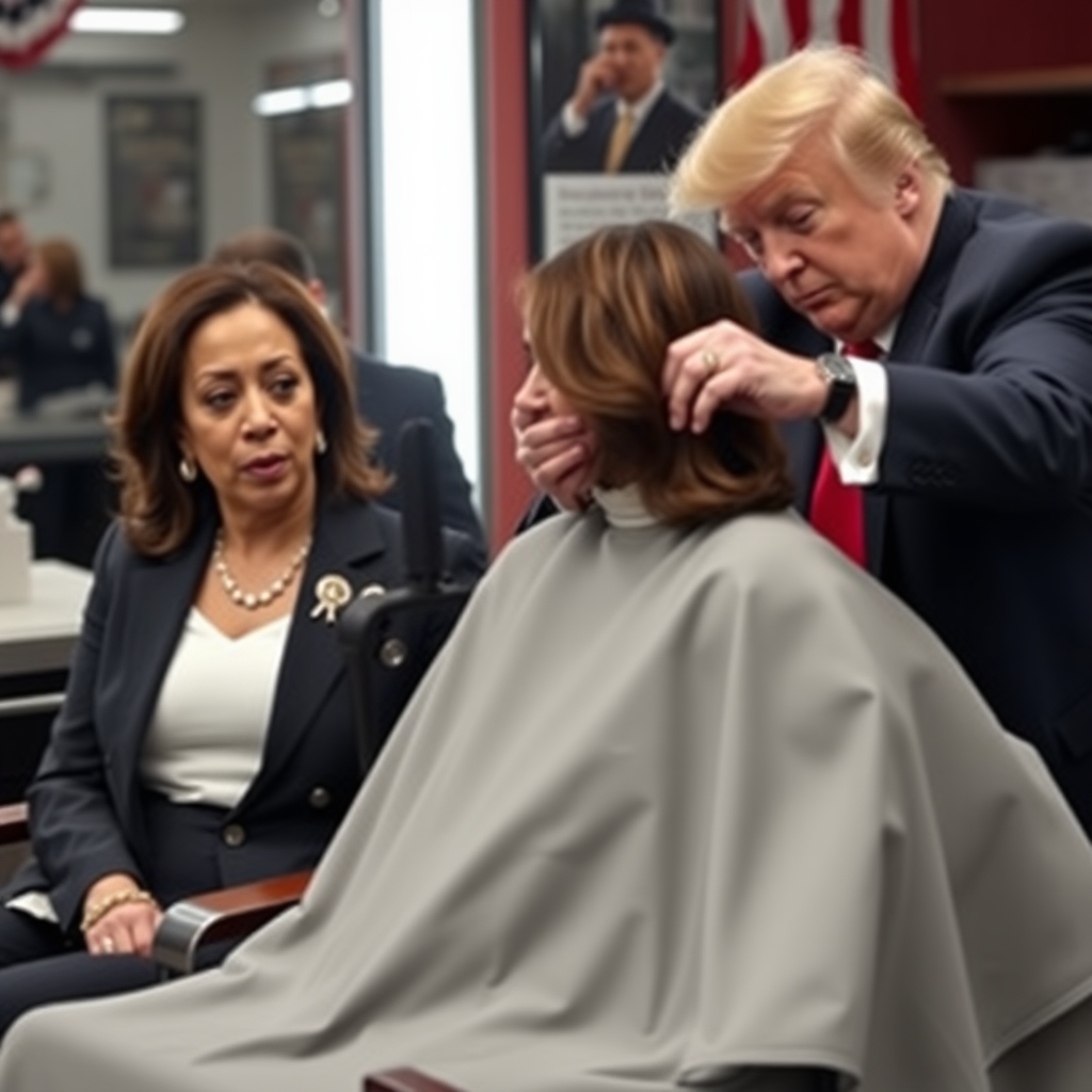 Kamala Harris sitting in a barbershop while Donald Trump cuts her long hair.