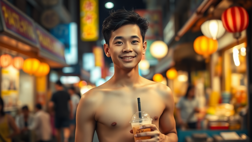 A background city street, brightly lit, blurry, a Taiwanese boy wandering through a night market, the boy facing forward, wearing a sweet smile, with a strong and fair physique, bare upper body, holding bubble tea in his hand.